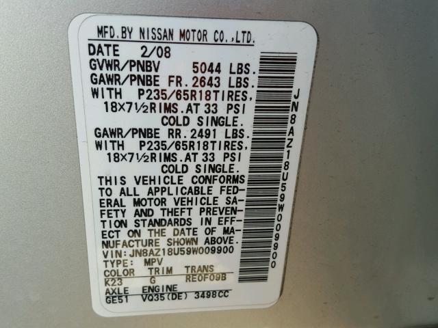 JN8AZ18U59W009900 - 2009 NISSAN MURANO S SILVER photo 10