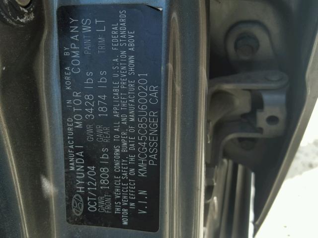 KMHCG45C85U600201 - 2005 HYUNDAI ACCENT GL GRAY photo 10