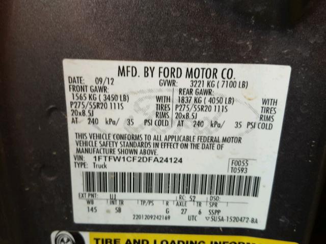 1FTFW1CF2DFA24124 - 2013 FORD F150 SUPER CHARCOAL photo 10