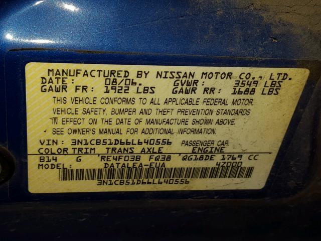 3N1CB51D66L640556 - 2006 NISSAN SENTRA 1.8 BLUE photo 10