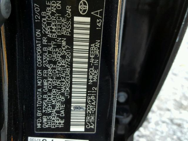 JTDKB20U487742017 - 2008 TOYOTA PRIUS BLACK photo 10