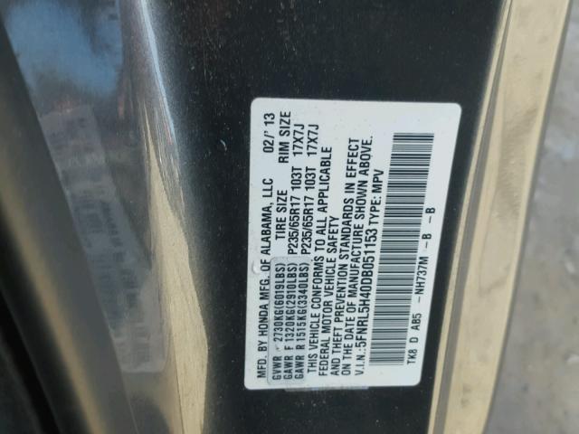 5FNRL5H40DB051153 - 2013 HONDA ODYSSEY EX GRAY photo 10