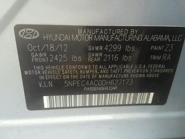 5NPEC4AC0DH627173 - 2013 HYUNDAI SONATA SE SILVER photo 10