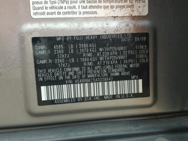 4S4BRBKC5A3328642 - 2010 SUBARU OUTBACK 2. GRAY photo 10