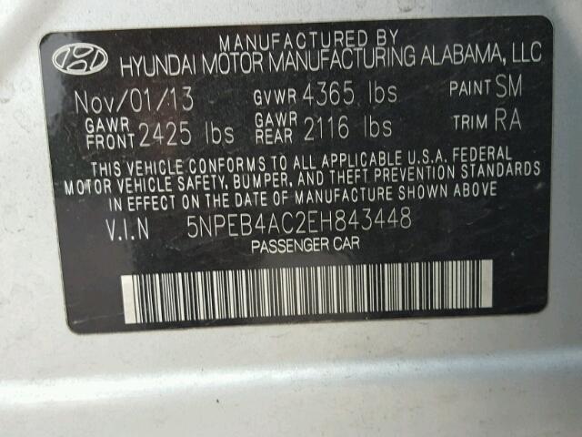 5NPEB4AC2EH843448 - 2014 HYUNDAI SONATA GLS SILVER photo 10