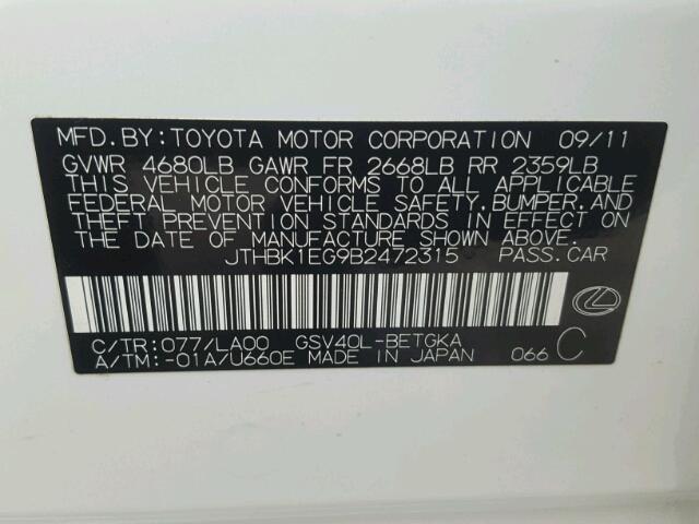 JTHBK1EG9B2472315 - 2011 LEXUS ES 350 WHITE photo 10