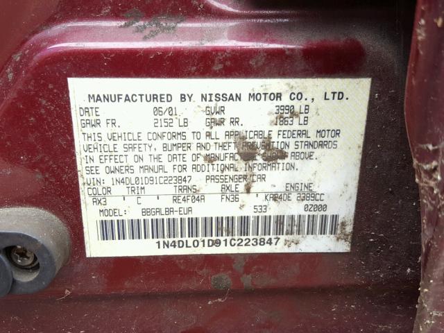 1N4DL01D91C223847 - 2001 NISSAN ALTIMA XE MAROON photo 10