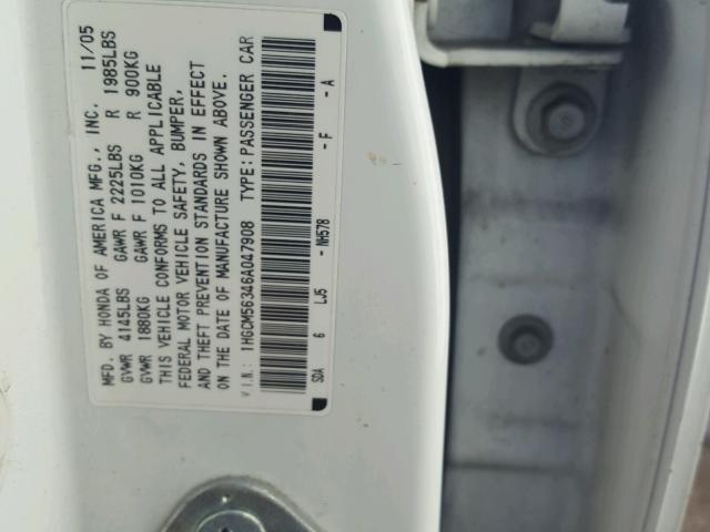 1HGCM56346A047908 - 2006 HONDA ACCORD SE WHITE photo 10