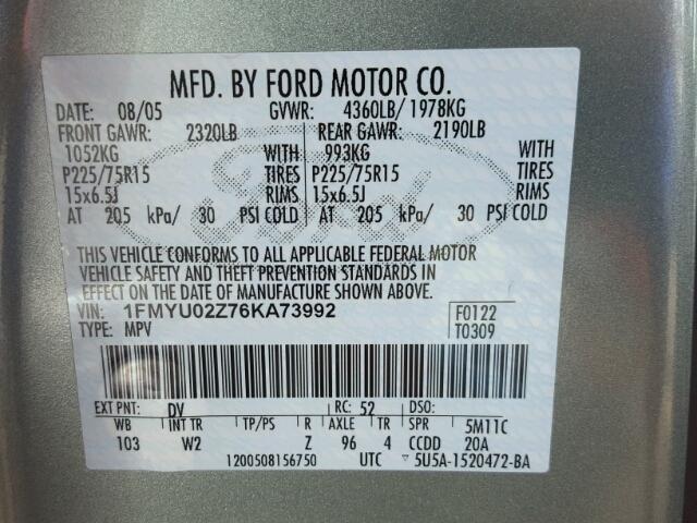 1FMYU02Z76KA73992 - 2006 FORD ESCAPE XLS GREEN photo 10