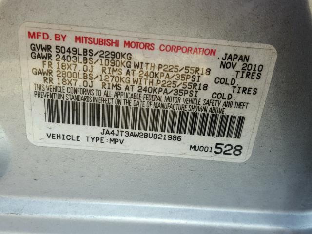 JA4JT3AW2BU021986 - 2011 MITSUBISHI OUTLANDER SILVER photo 10