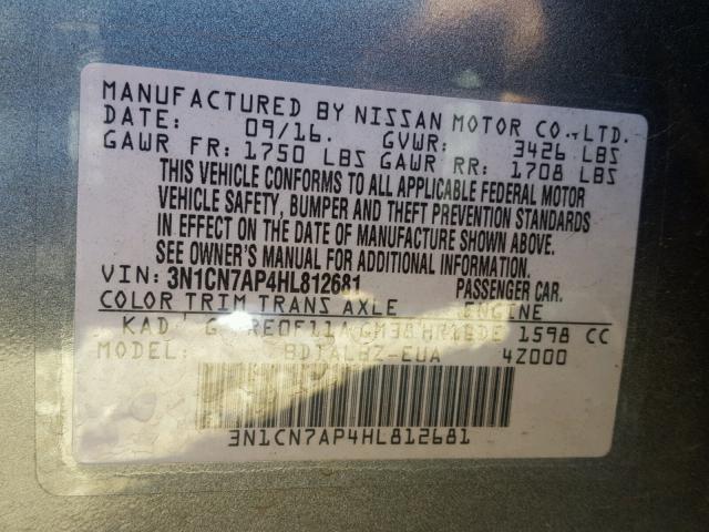 3N1CN7AP4HL812681 - 2017 NISSAN VERSA GRAY photo 10