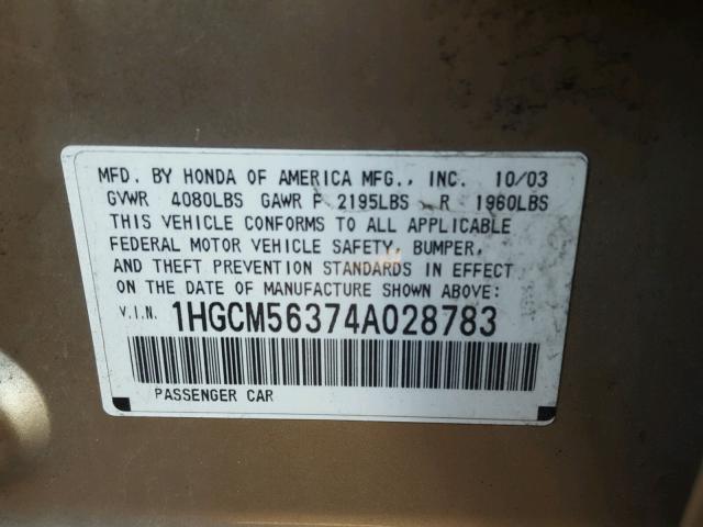 1HGCM56374A028783 - 2004 HONDA ACCORD LX TAN photo 10