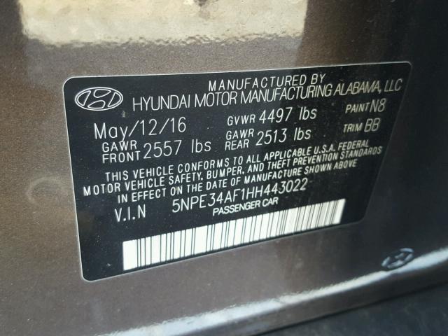 5NPE34AF1HH443022 - 2017 HYUNDAI SONATA SPO GRAY photo 10