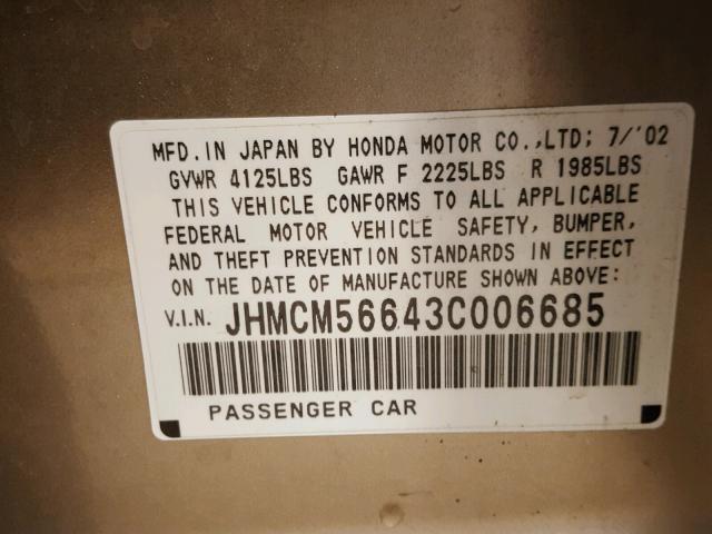 JHMCM56643C006685 - 2003 HONDA ACCORD EX GOLD photo 10