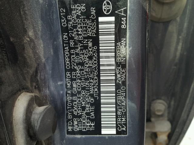 JTDKN3DP6C3005676 - 2012 TOYOTA PRIUS PLUG GRAY photo 10