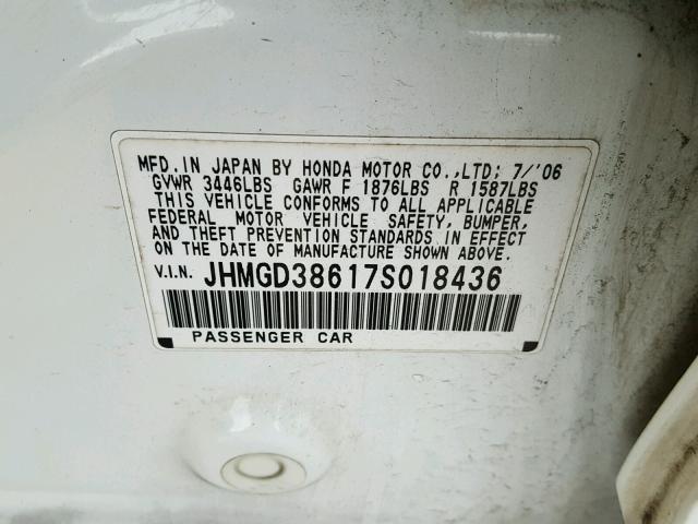 JHMGD38617S018436 - 2007 HONDA FIT S WHITE photo 10