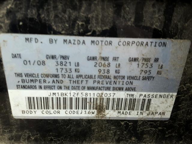 JM1BK12F581102037 - 2008 MAZDA 3 I BLACK photo 10