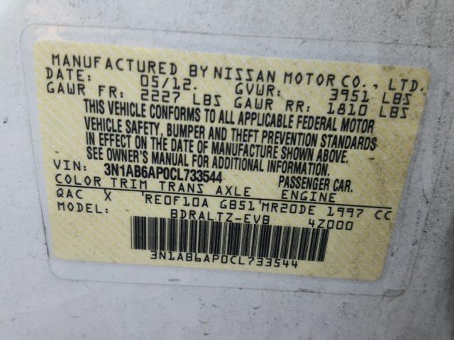 3N1AB6AP0CL733544 - 2012 NISSAN SENTRA 2.0 WHITE photo 10