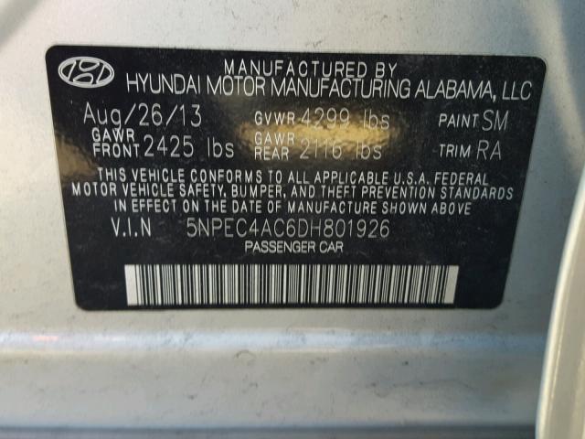 5NPEC4AC6DH801926 - 2013 HYUNDAI SONATA SE SILVER photo 10