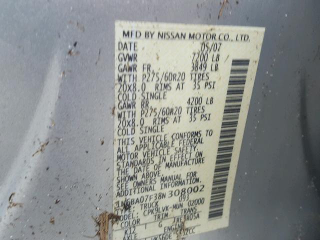 1N6BA07F38N308002 - 2008 NISSAN TITAN XE SILVER photo 10