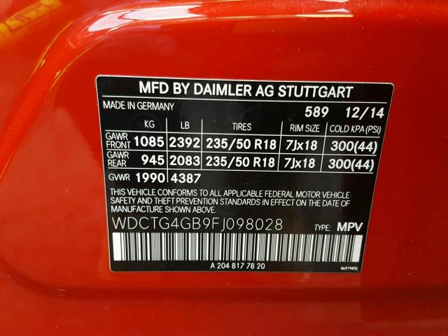 WDCTG4GB9FJ098028 - 2015 MERCEDES-BENZ GLA 250 4M RED photo 10