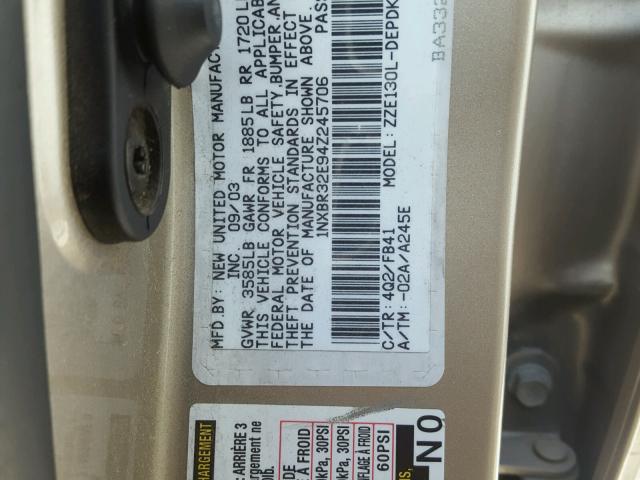 1NXBR32E94Z245706 - 2004 TOYOTA COROLLA CE GOLD photo 10