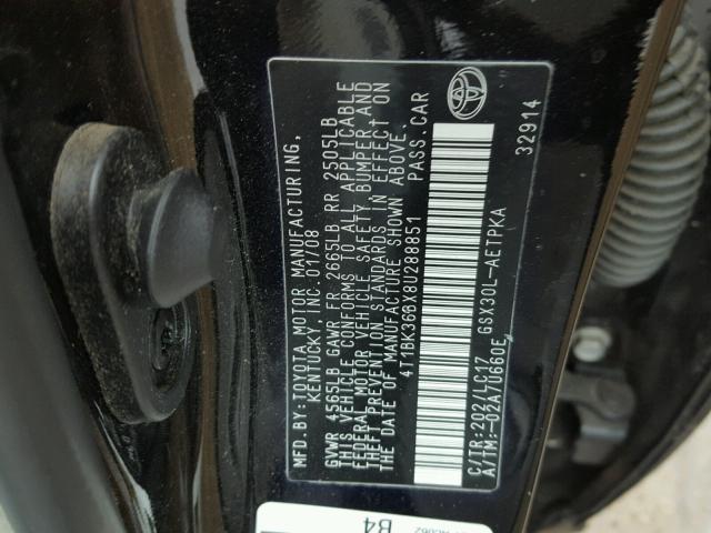 4T1BK36BX8U288851 - 2008 TOYOTA AVALON XL BLACK photo 10