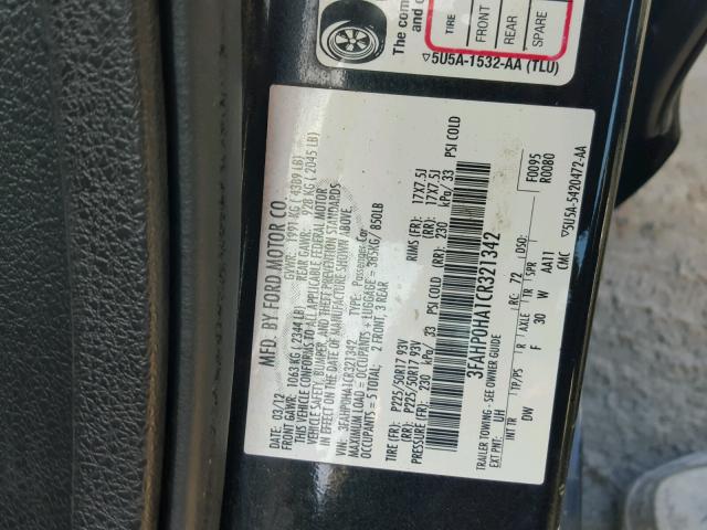 3FAHP0HA1CR321342 - 2012 FORD FUSION SE BLACK photo 10