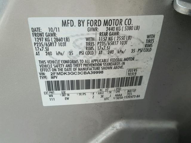 2FMDK3GC3CBA39998 - 2012 FORD EDGE SE SILVER photo 10