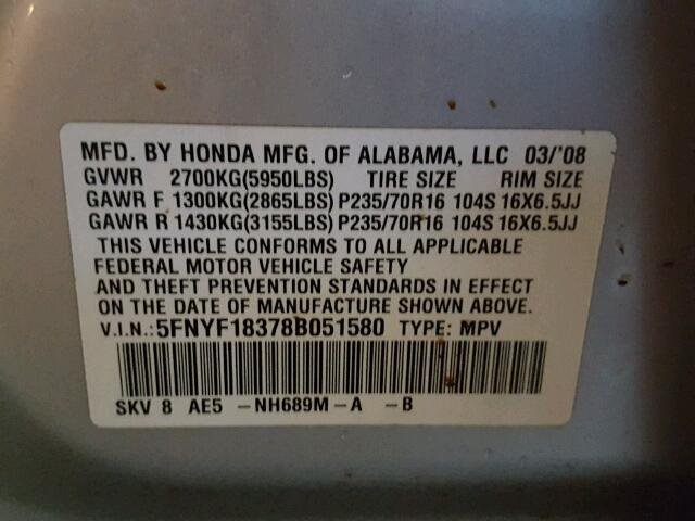 5FNYF18378B051580 - 2008 HONDA PILOT SE SILVER photo 10