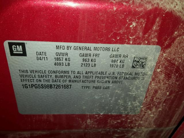 1G1PG5S98B7261687 - 2011 CHEVROLET CRUZE LT RED photo 10