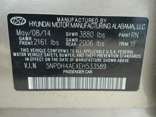 5NPDH4AEXEH533589 - 2014 HYUNDAI ELANTRA GOLD photo 10