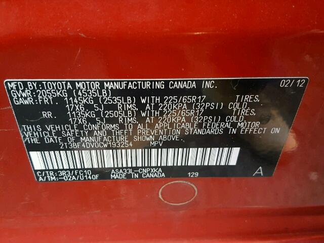 2T3BF4DV0CW193254 - 2012 TOYOTA RAV4 红色 照片 10
