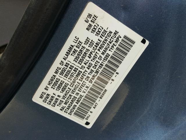 5FNRL38716B115282 - 2006 HONDA ODYSSEY BLUE photo 10