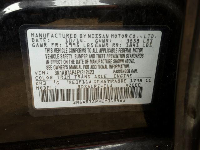 3N1AB7AP4EY312423 - 2014 NISSAN SENTRA S BLACK photo 10