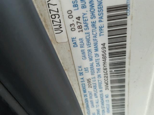 3VWCC21C6YM485694 - 2000 VOLKSWAGEN NEW BEETLE თეთრი ფოტო 10