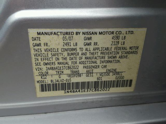 1N4BA41E37C862022 - 2007 NISSAN MAXIMA SE SILVER photo 10