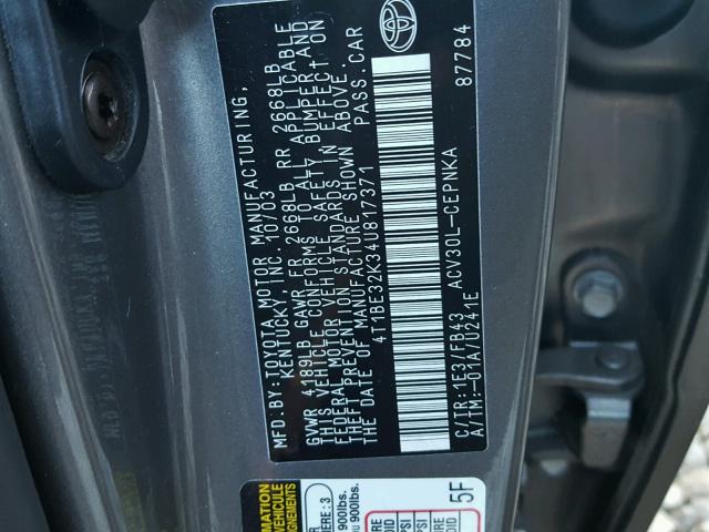 4T1BE32K34U817371 - 2004 TOYOTA CAMRY LE GRAY photo 10