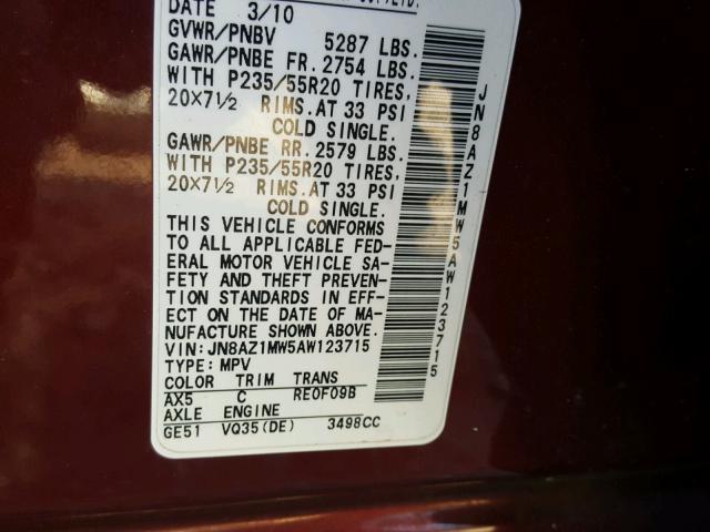 JN8AZ1MW5AW123715 - 2010 NISSAN MURANO S MAROON photo 10