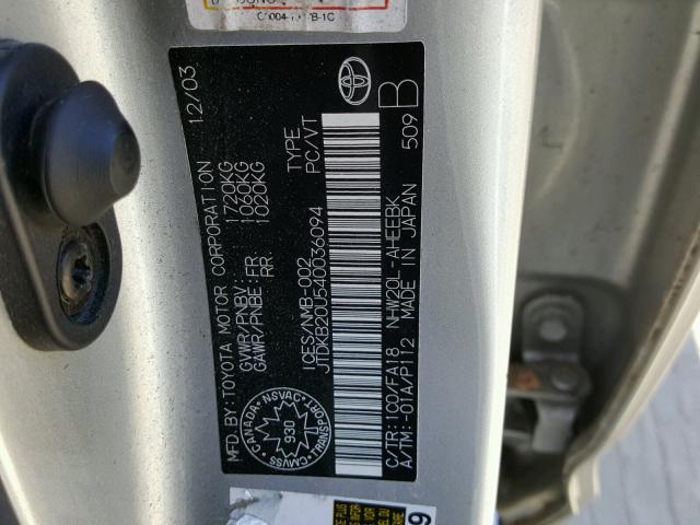 JTDKB20U540036094 - 2004 TOYOTA PRIUS SILVER photo 10