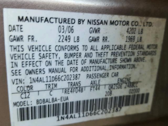 1N4AL11D66C202387 - 2006 NISSAN ALTIMA S GOLD photo 10