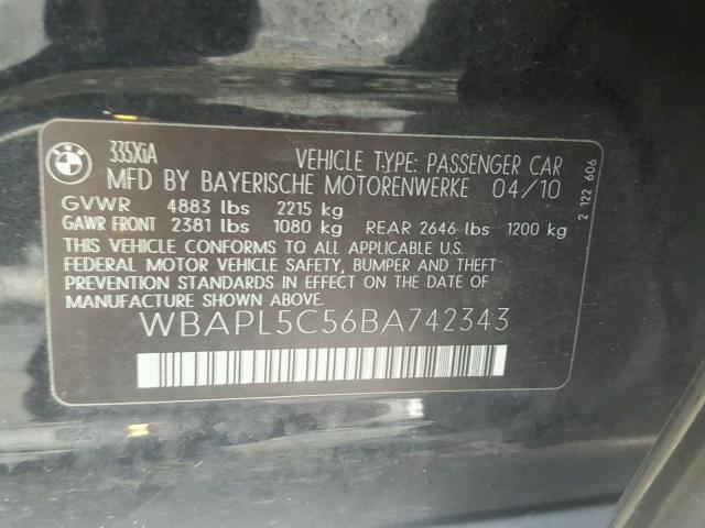 WBAPL5C56BA742343 - 2011 BMW 335 XI BLACK photo 10