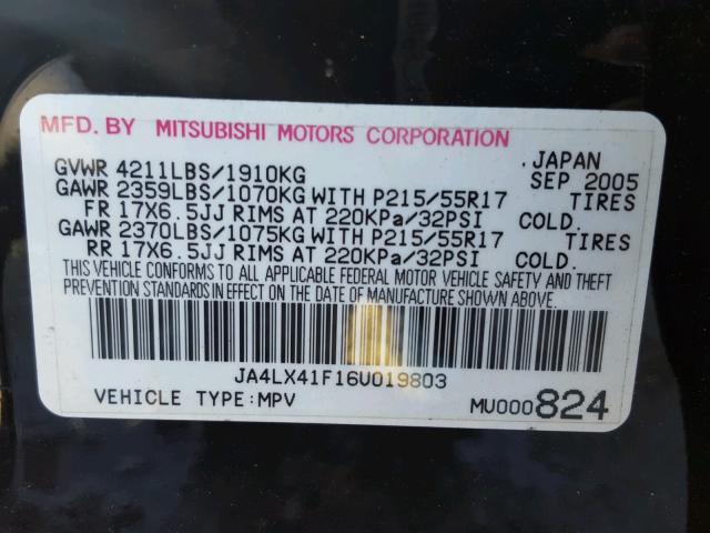 JA4LX41F16U019803 - 2006 MITSUBISHI OUTLANDER BLACK photo 10