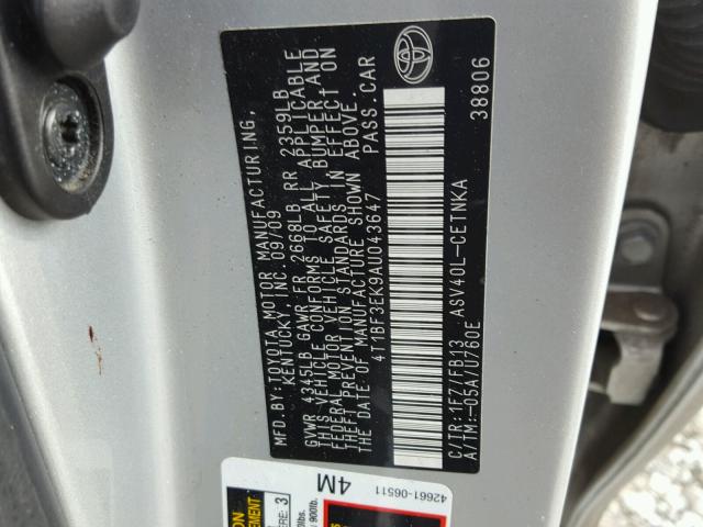 4T1BF3EK9AU043647 - 2010 TOYOTA CAMRY BASE SILVER photo 10