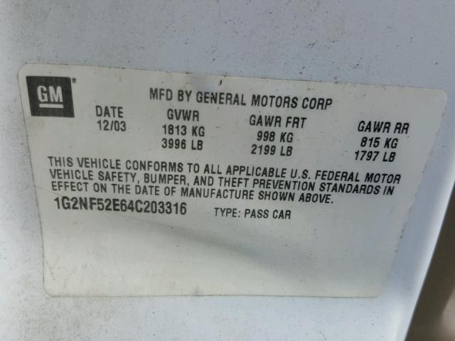 1G2NF52E64C203316 - 2004 PONTIAC GRAND AM S თეთრი ფოტო 10