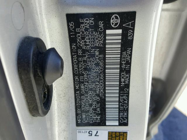 JTDKB20U667058518 - 2006 TOYOTA PRIUS SILVER photo 10