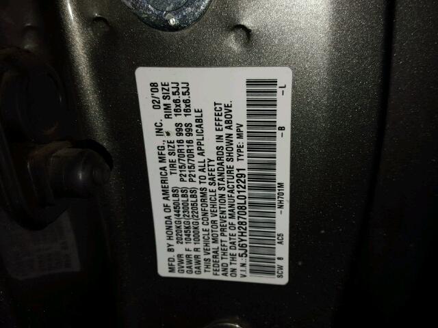 5J6YH28708L012291 - 2008 HONDA ELEMENT EX GRAY photo 10