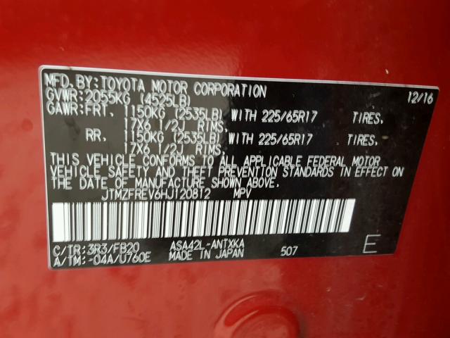 JTMZFREV6HJ120812 - 2017 TOYOTA RAV4 LE RED photo 10