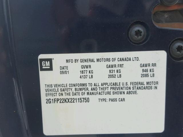 2G1FP22KX22115750 - 2002 CHEVROLET CAMARO BLUE photo 10