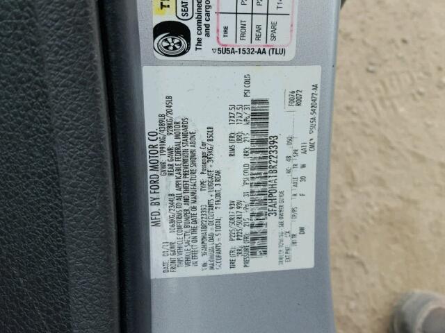 3FAHP0HA1BR223393 - 2011 FORD FUSION SE SILVER photo 10